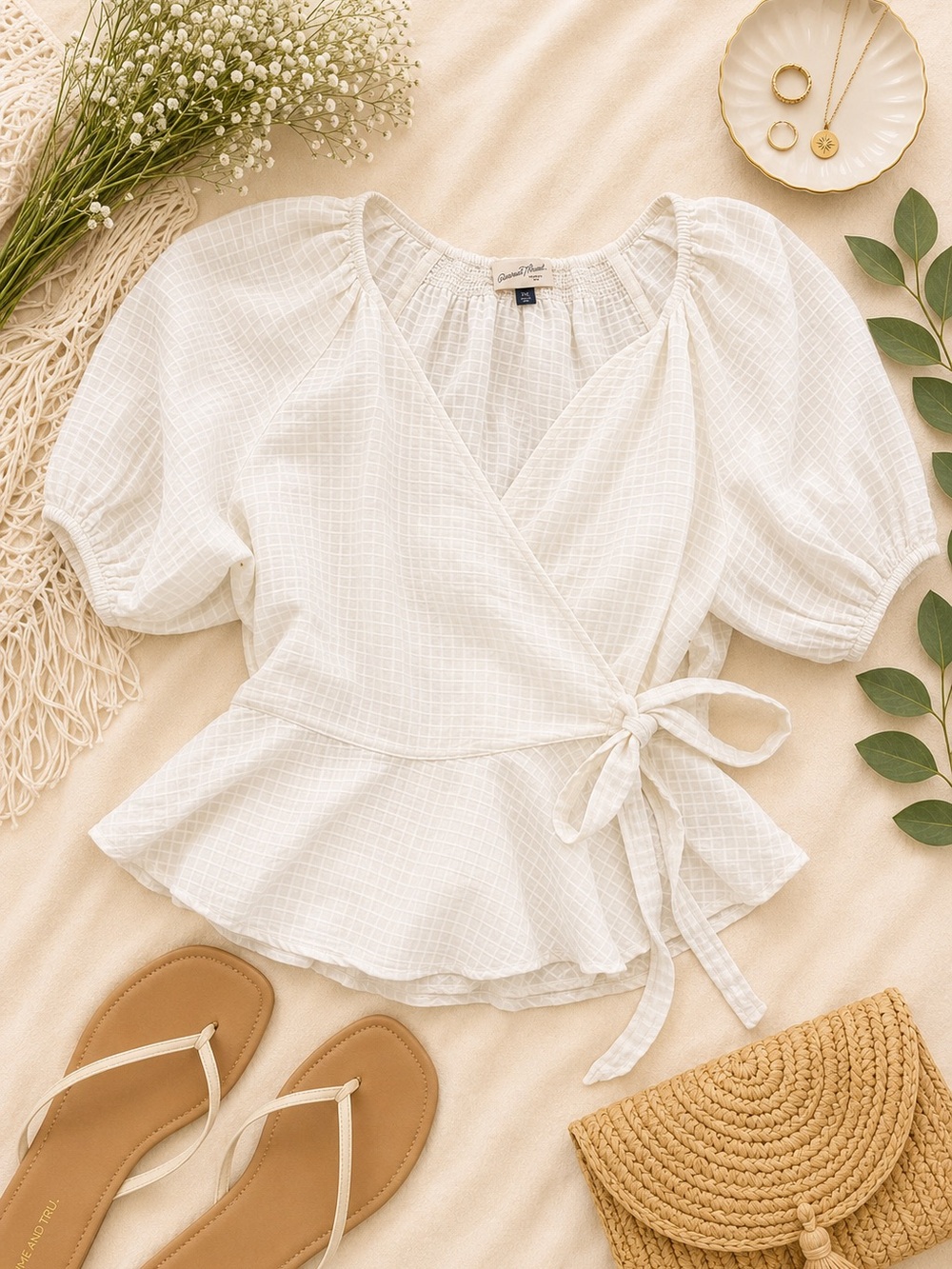 Universal Thread Ivory Wrap Peplum Blouse XXL Cottagecore Boho Puff Sleeve